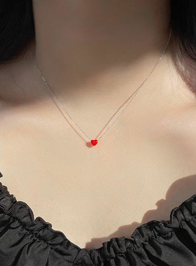 s925纯银爱心项链女ins夏季小清新甜美简约红色心形锁骨链 送闺蜜
