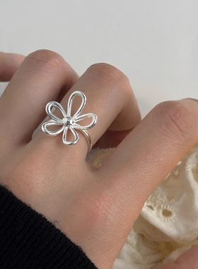 s925纯银镂空花朵戒指女ins夏季小清新甜美简约小花推拉设计指环