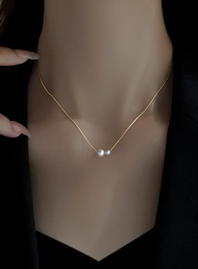 s925纯银两颗珍珠项链女法式高级感ins冷淡风通勤简约气质锁骨链