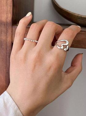 s925纯银镂空爱心戒指女ins冷淡风小众设计简约百搭心形开口指环