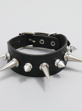 跨境热销饰品个性夸张单排尖钉皮革手链欧美朋克风男士手环手镯