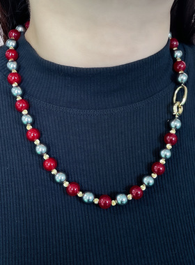 仿施家珍珠混彩高级毛衣链小众轻奢红色珍珠项链百搭新款秋冬串珠