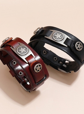 跨境欧美新款手饰简约复古五角星牛皮手链朋克风气质多层男士手环