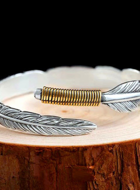 复古金尾羽毛手镯男士潮流个性实心镯子男款手饰品仿泰银羽毛手环