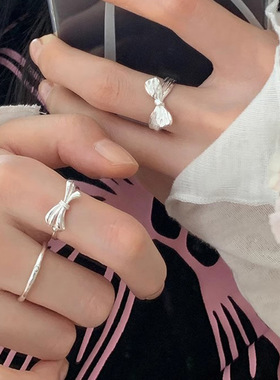 s925纯银不规则蝴蝶结戒指女ins甜美简约少女心立体设计开口指环