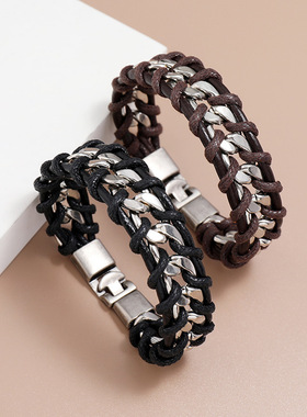 跨境热销配饰欧美男士牛皮编织手链个性朋克风链条手环潮流饰品