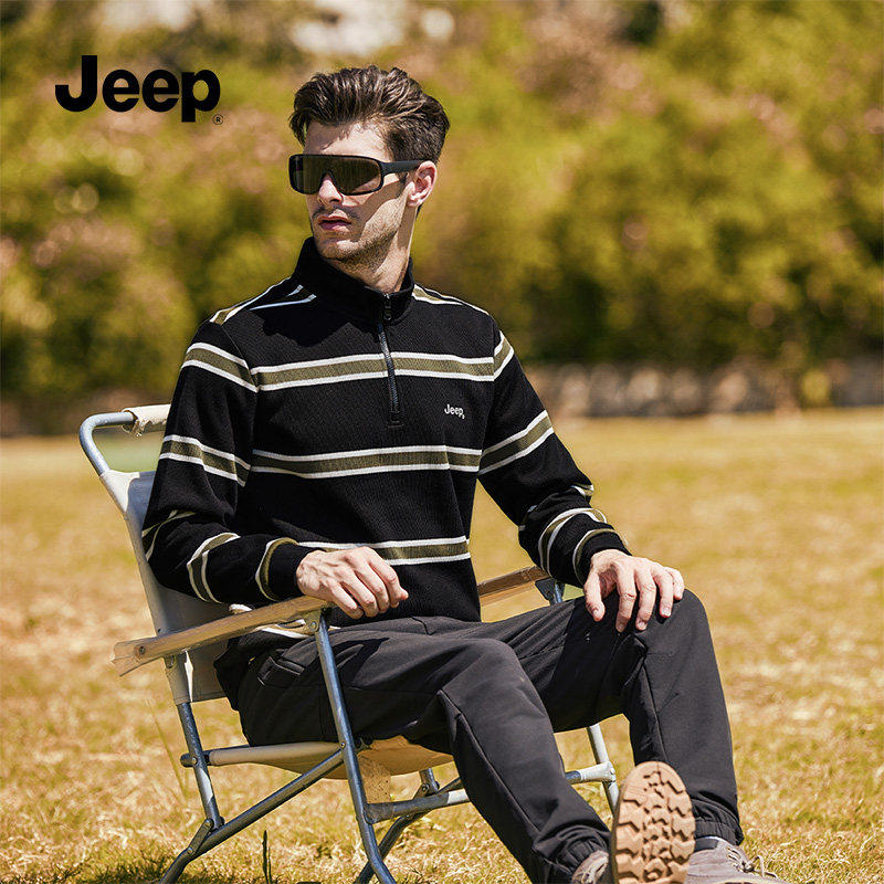 jeep吉普官方旗舰店男卫衣条纹立领半拉链长袖T恤2025秋季新款K,淘宝优惠券,粉丝福利购,淘宝优惠卷