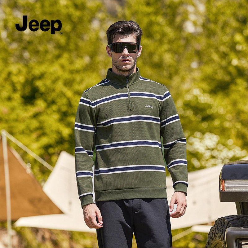 jeep吉普官方旗舰店男卫衣条纹立领半拉链长袖T恤2025秋季新款K,淘宝优惠券,粉丝福利购,淘宝优惠卷