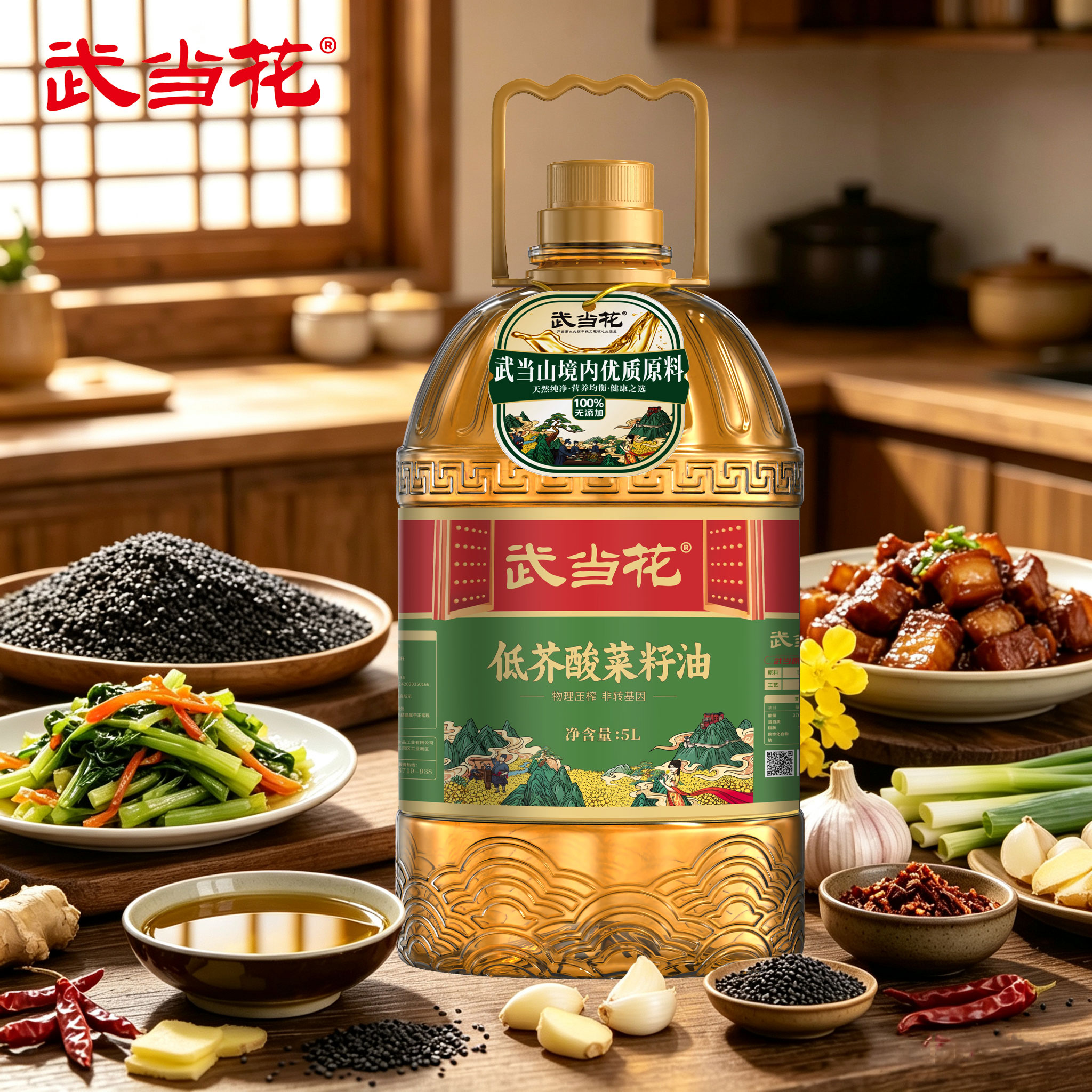 武当花秦巴小榨低芥酸菜籽油压榨食用油5升家用桶装炒菜油5L