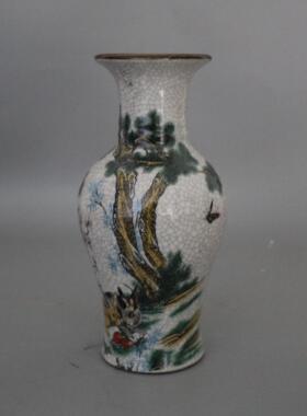 大清干隆年制粉彩玉兔吃草图花瓶 古董瓷器收藏摆件家居展柜装饰