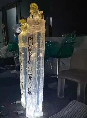 新中式透明树脂狮子摆件金箔拴马桩立柱酒店别墅家居貔貅雕塑落地