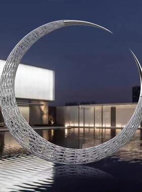 创意不锈钢镂空月亮雕塑定制售楼部水景户外园林景观装饰地标摆件