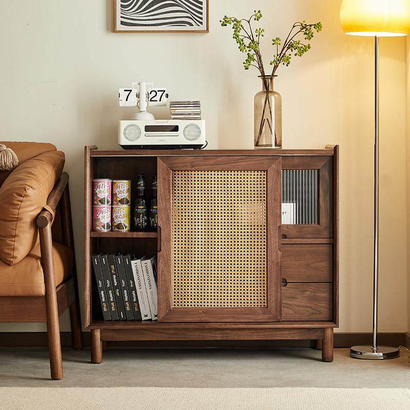 yamoo北欧实木餐边柜现代简约北美黑胡桃茶水柜藤编玻璃门储物柜,淘宝优惠券,粉丝福利购,淘宝优惠卷