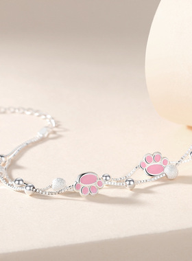 新真S925银粉色猫爪手链女手串