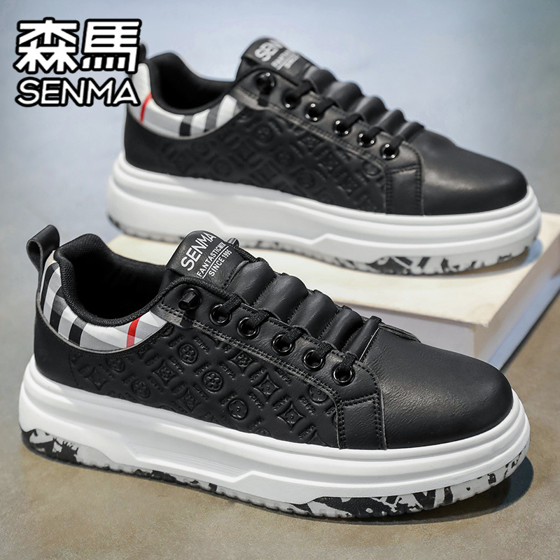 森马男鞋冬季运动休闲白色板鞋青少年真皮防水软底增高百搭小白鞋 - 图0