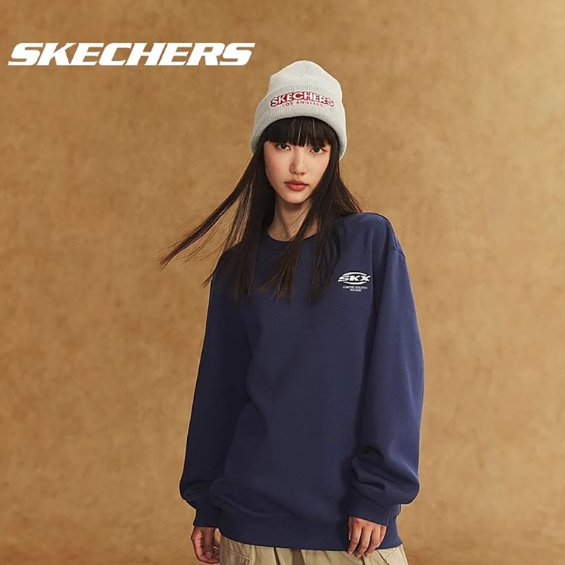 Skechers斯凯奇运动卫衣2024年男女款加绒舒适植绒印花圆领上衣
