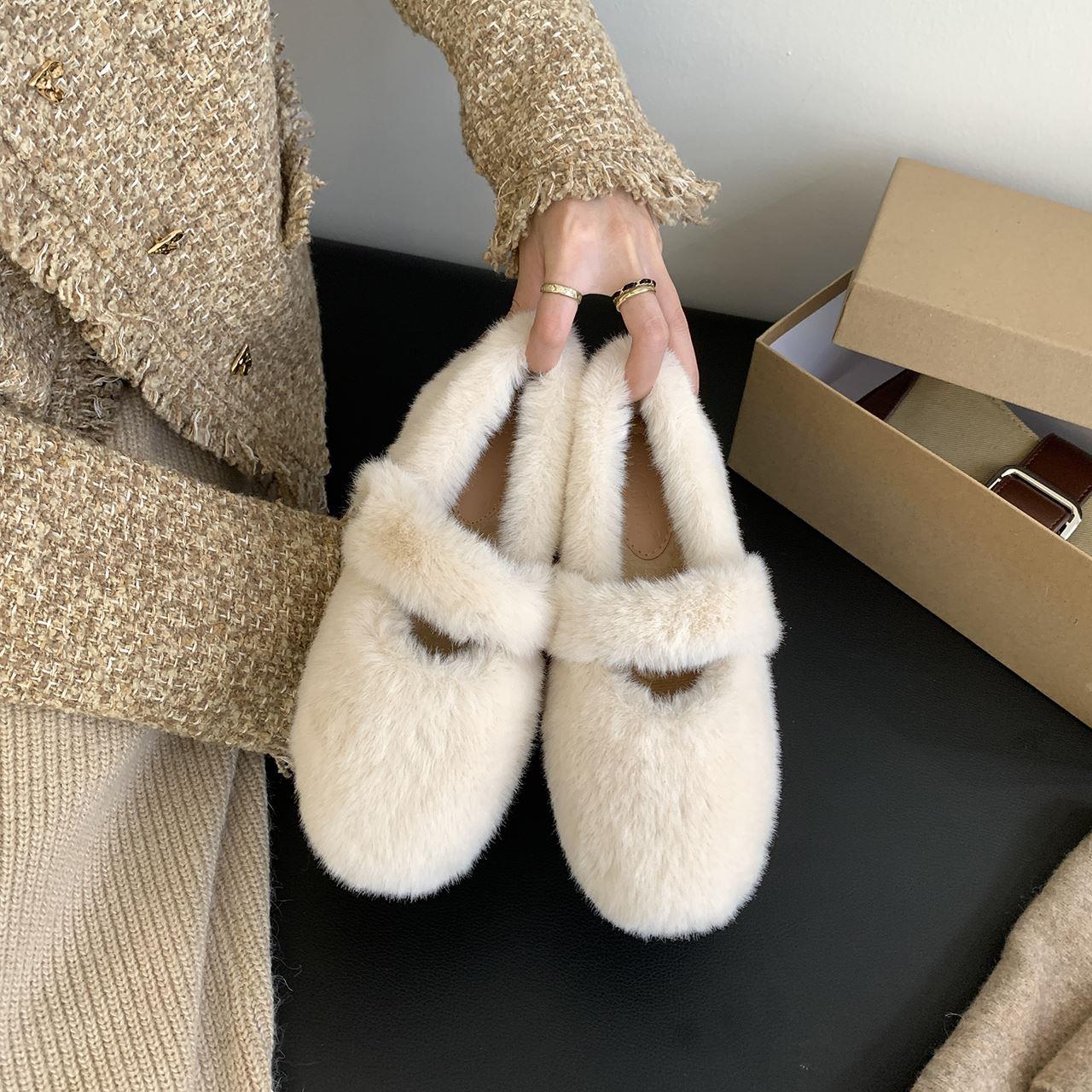 JIJI Studios内增高5cm加绒毛毛鞋女冬季新款一字带水貂厚底毛棉-图0