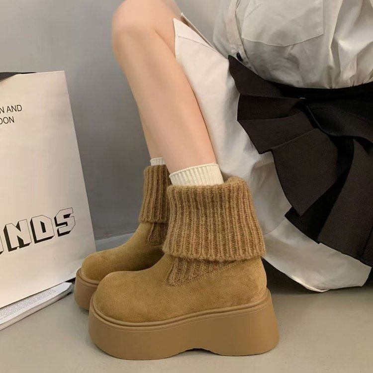 2025新款冬季加绒加厚保暖棉鞋女厚底防滑短筒毛线口雪地靴马丁靴,淘宝优惠券,粉丝福利购,淘宝优惠卷