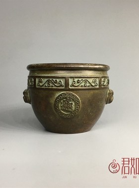 新品复古合金百i福小缸摆件仿古包浆狮头迷你香炉桌面装饰收藏把