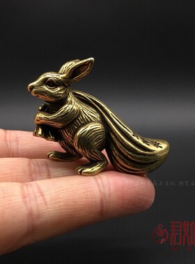 新品实心纯铜拉袋子兔子小摆件全铜兔G年生肖小兔子迷你黄铜兔子