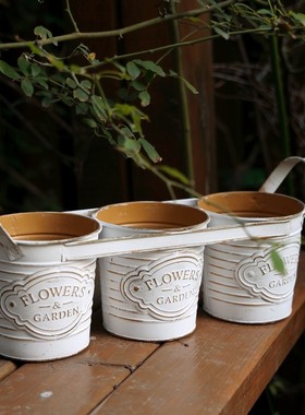 极速复古做旧双耳联体铁皮提桶花桶花F器花盆花瓶装饰杂货花园摆