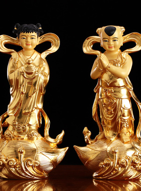 新品全铜贴金金童玉女摆件供奉家用客厅观音护法善U财童子龙女佛