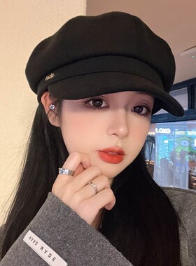 新款贝雷帽八角帽帽子女秋冬显脸小鸭舌大头围法式复古黑色报童潮