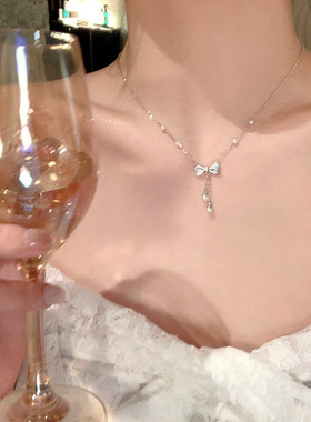 原创韩系闪锆珍珠蝴蝶结流苏项链配饰女轻奢小众锁骨链高级感颈链