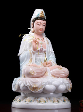 速发汉白玉观音 像 家供奉娑婆三莲 家用佛坐圣彩釉观音菩萨摆件