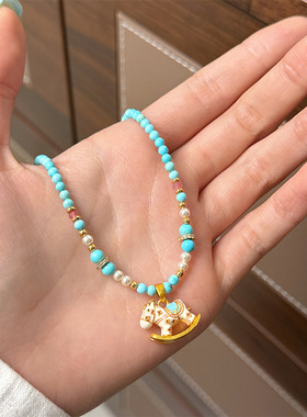 蓝色滴油珐琅木马项链木马耳环