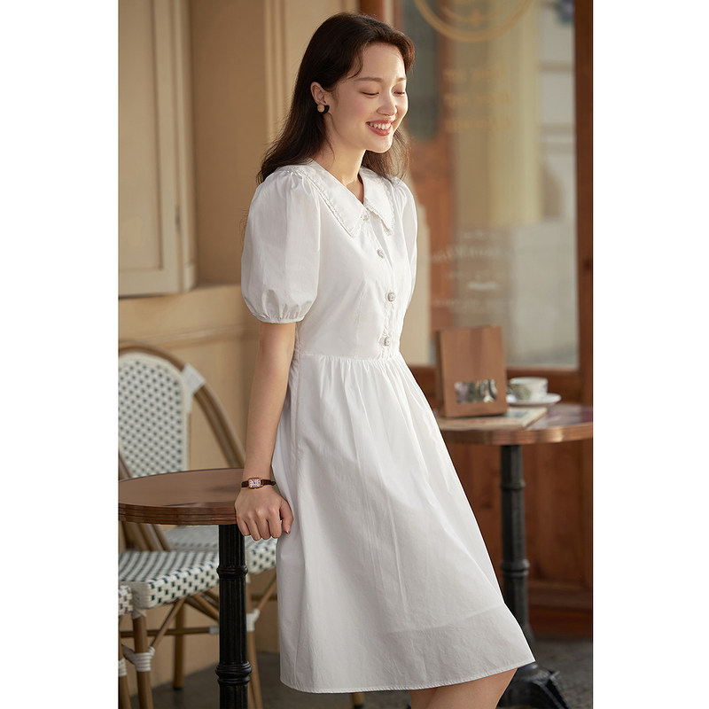 茵曼花边翻领连衣裙2022夏季伞裙子 茵曼一零一度连衣裙