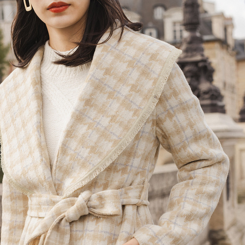 【商场同款】茵曼冬装文艺大翻领系带 茵曼一零一度毛呢外套