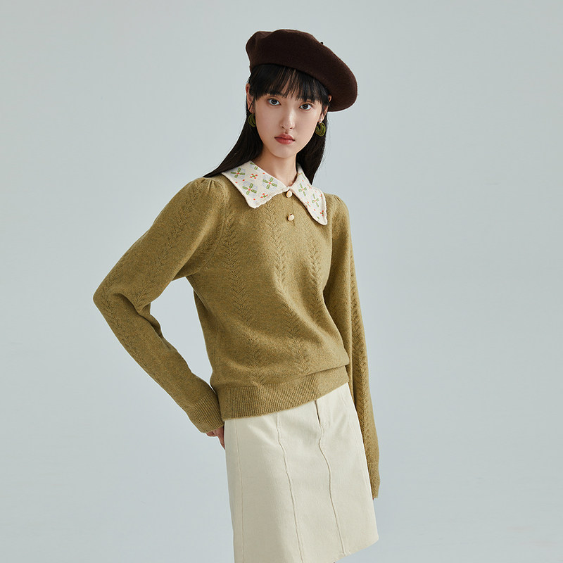 茵曼秋冬2021年撞色翻领小清新毛衣 茵曼一零一度毛衣