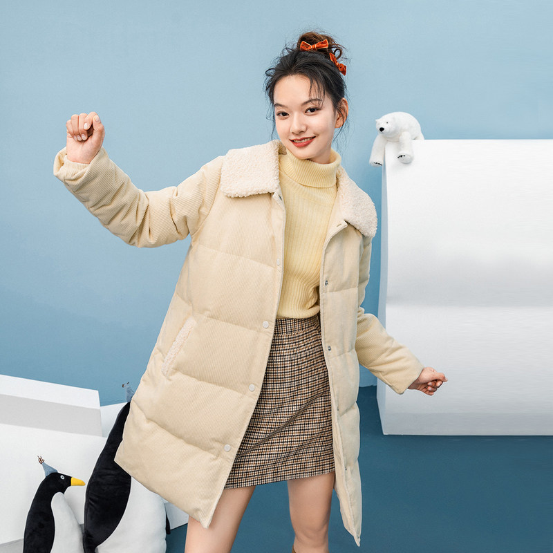 茵曼灯芯绒女新款毛绒领中长款宽松 茵曼一零一度羽绒服
