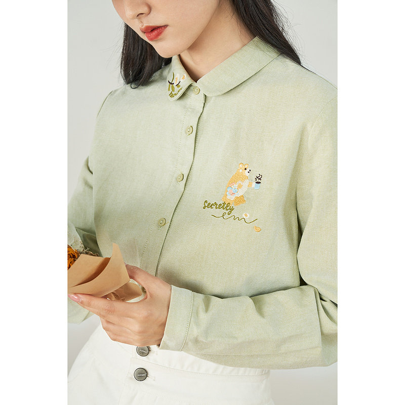 茵曼2022春季新款甜美刺绣娃娃衬衫 茵曼一零一度衬衫