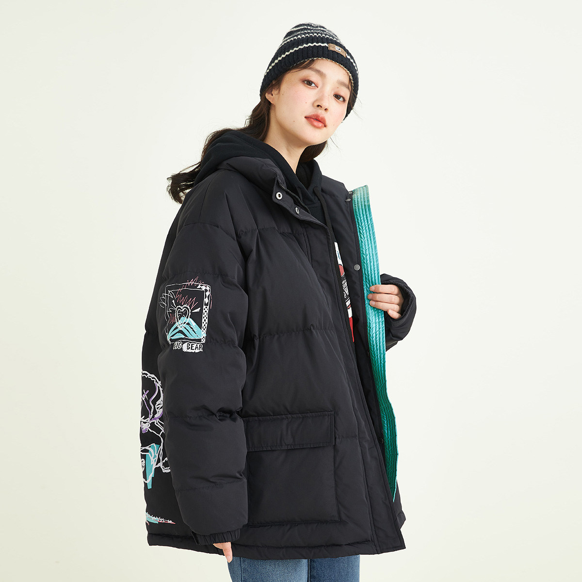 茵曼小熊印花短款冬季新款面包服 茵曼一零一度羽绒服