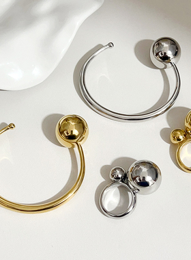 欧美金属亮面星球单球开口手镯 双球戒指复古轻奢高级感