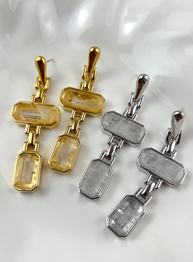 法国小众设计方形水晶流苏吊坠项链天然水晶长款项链欧美时尚耳环