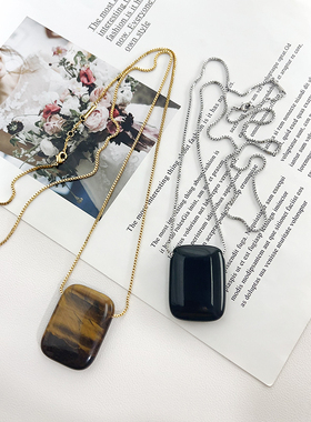 虎眼石黑曜石项链吊坠毛衣链女