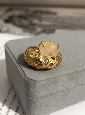 欧美小众不规则熔岩镂空开口戒指女褶皱纹理复古金色指环女