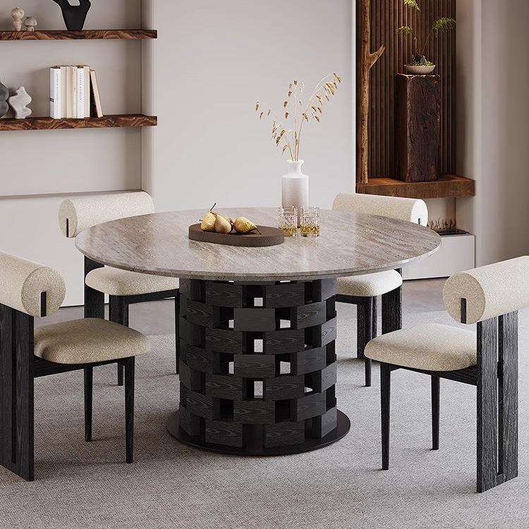 中古风天然洞石圆形餐桌椅组合轻奢感实木饭桌奢石小户型家用 - 图2