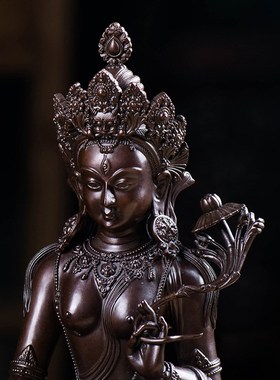 速发室内件居摆家 家用7寸铜仿花雕古雕花白度母摆件