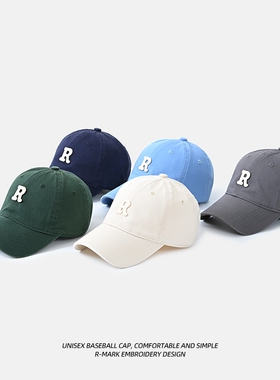 R标棒球帽大头围遮阳夏季简约韩系潮鸭舌帽四季显脸小大刺绣黑色