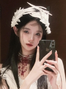 天使之翼Lolita羽毛白发夹哥特刺绣边夹天使翅膀头饰白色黑白黑色