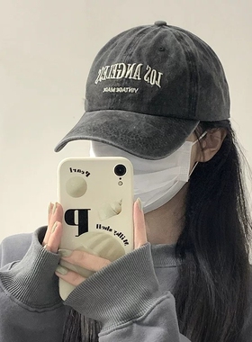 复古灰色棒球帽子女夏季美式水洗大头围防晒帽潮秋冬显脸小鸭舌帽
