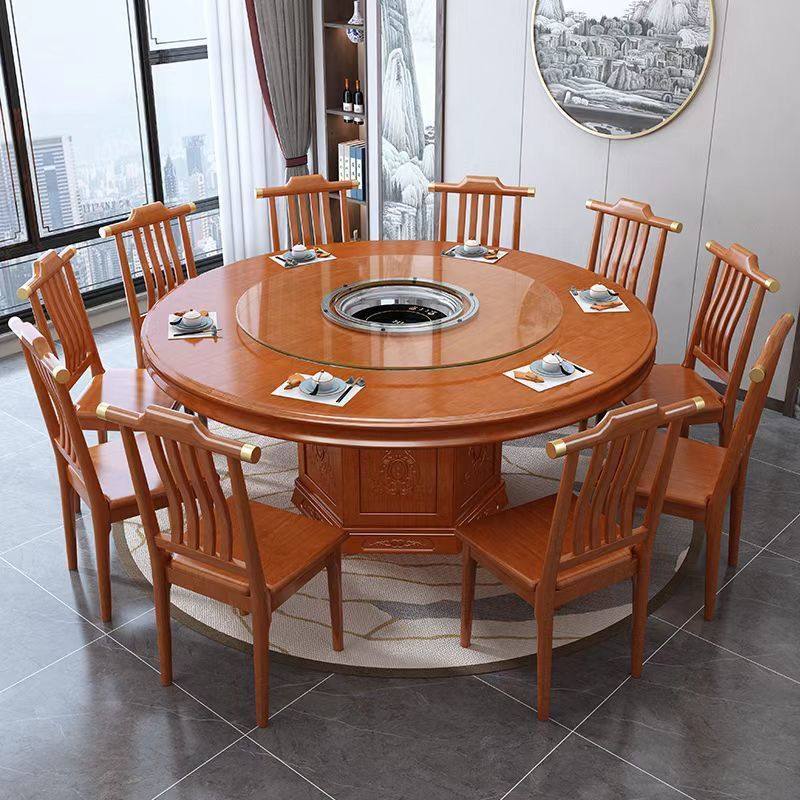 下沉式电磁炉火锅桌新中式实木圆形餐桌椅家用饭店用10人吃饭桌子,淘宝优惠券,粉丝福利购,淘宝优惠卷