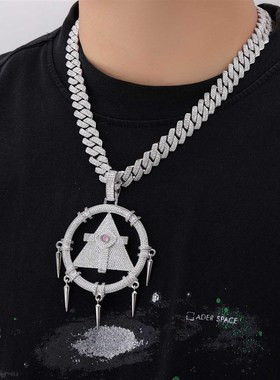 项链千年智慧轮嘻哈吊坠游戏王复古满钻镶锆石配饰潮流男铜流苏潮