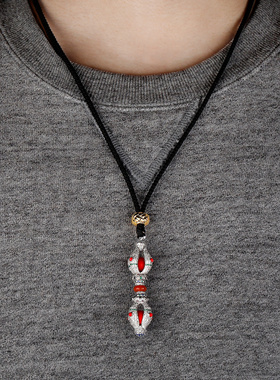 S925纯银金刚杵朱砂南红珠子吊坠随身挂件男女款金刚杵镶宝石吊坠