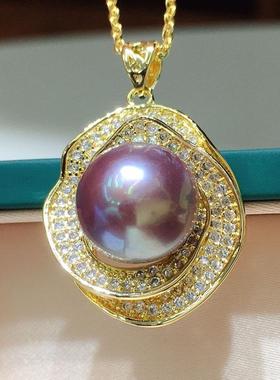 珍珠吊坠项链女淡水时尚紫色饰品南洋金耳钉s925戒指海水复古新款