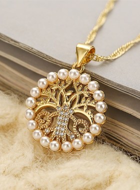 澳古 跨境欧美时尚优雅真金电镀锆石珍珠生命树蝴蝶花吊坠项链女